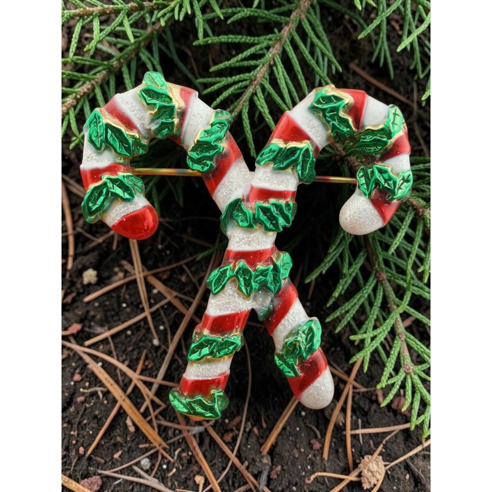 Candy Cane Brooch Gold Tone Red White Green Enamel Holiday Holly Pin